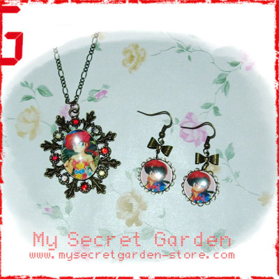 Ranma 1/2 One Half らんま½ Ranma Saotome girl side 早乙女亂馬 anime Cabochon Bronze Necklace & Earrings Set